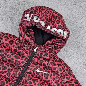Nike‎ Puffer Jacket Girls 5-6 Red Leopard Print Hooded Insulated Just Do It